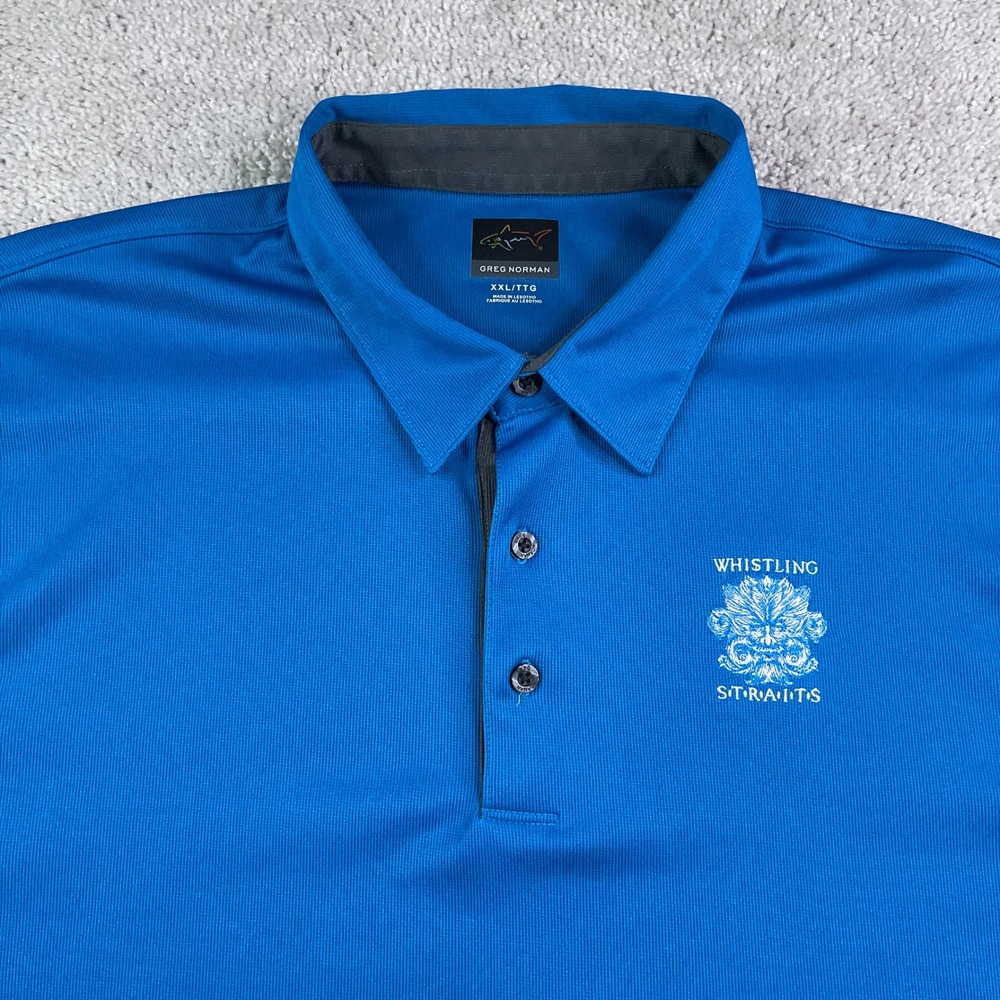 Greg Norman Whistling Straits Polo Shirt Mens XXL Blue Golf Performance Logo